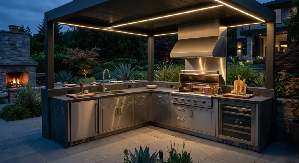Premium stainless steel outdoor kitchen installation professional setup with integrated BBQ grill under led lighting