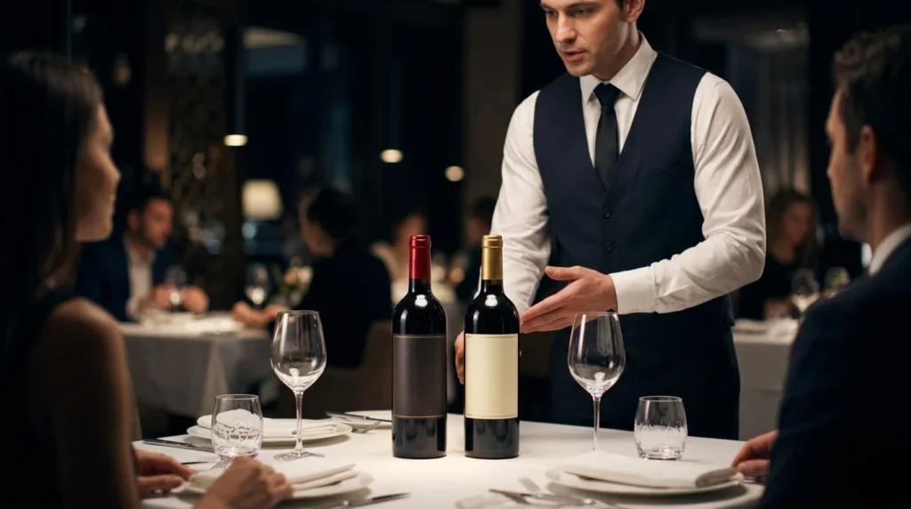 Sommelier presenting premium Italian and Spanish wine bottles