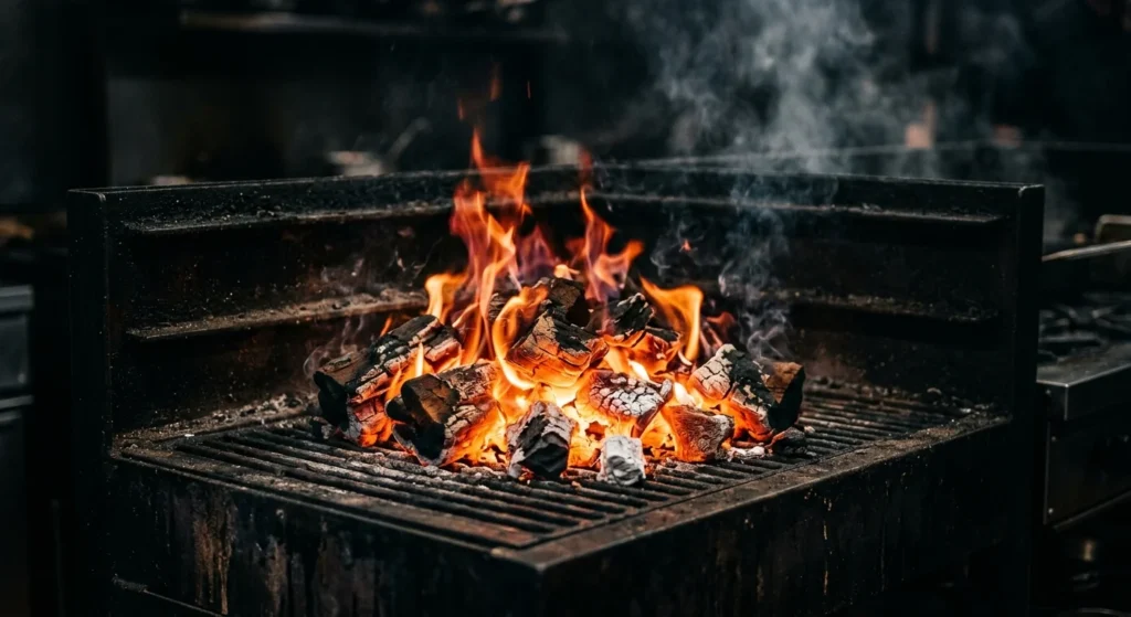 Premium Quebracho Blanco lump charcoal burning with intense flames in a professional restaurant grill