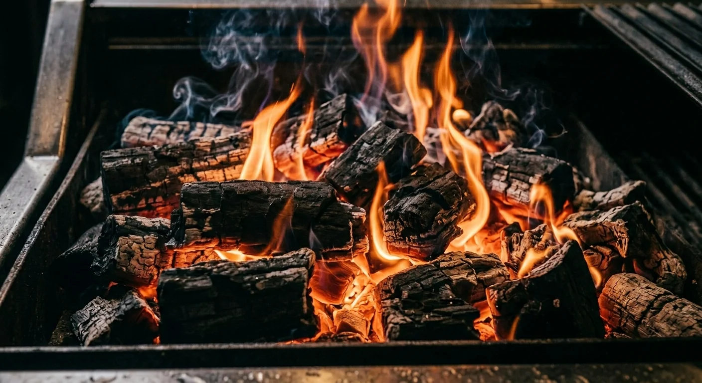 Dense chunks of premium Marabu charcoal burning at high temperature with vivid flames in a professional grill
