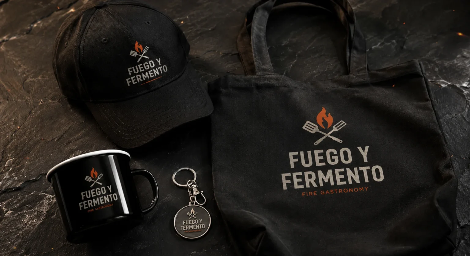 Branded gear including caps and tote bags showing the No Brasa No Party identity