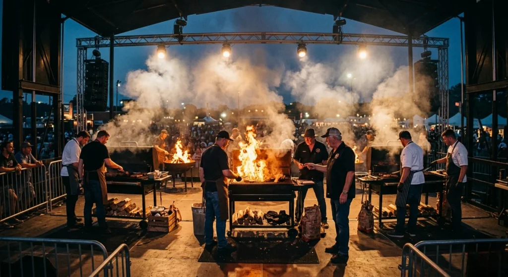 Live fire setup from an experienced BBQ competition organizer hosting a professional grill competition