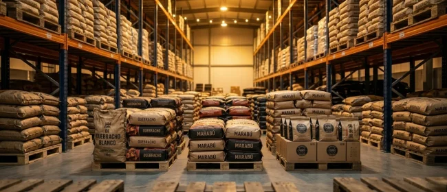 Pallets loaded with premium Quebracho, Marabu, and Binchotan charcoal bags organized in a wholesale distribution warehouse